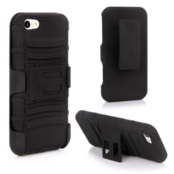 Wholesale iPhone 5 Silicon+PC Dual Hybrid Case with Stand and Holster Clip (Black-Black)